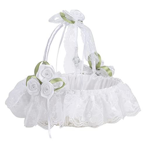 2 STÜCK Blumenmädchen-Korb für die Hochzeit, Weißer Satin mit Spitzen-Kunstblumen, Romantischer Hochzeits-Partykorb mit Herunterklappbarem Griff, Fariy-Hochzeitskörbe mit Großem(2 STÜCK) von LEMCC