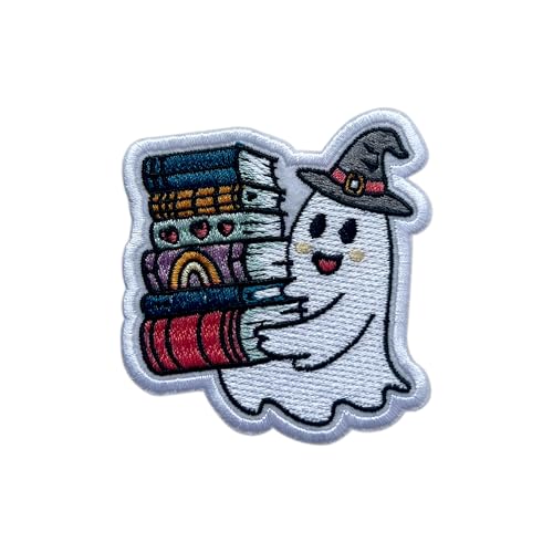 LEMEPINZ Ghost Holding Books Patch, Größe 7,6 cm, zum Aufbügeln für Hüte, Kleidung, Rucksäcke, Jeans, DIY Aufnäher, Stoffflicken, Hexengeist, Geschenk für Leseliebhaber von LEMEPINZ