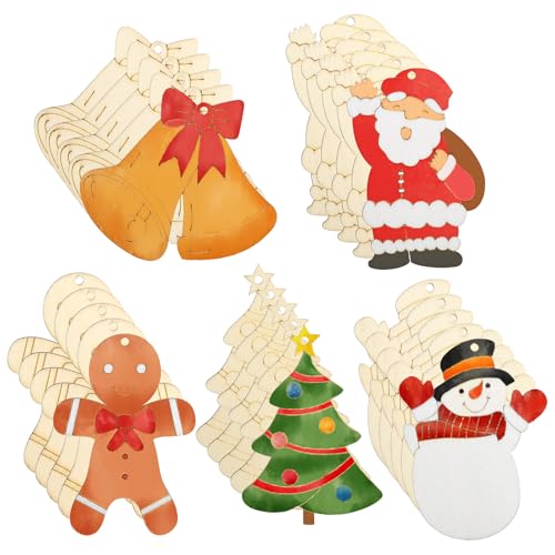 LEMESO 50 PCS Holzanhänger Weihnachten Weihnachtsanhänger zum Bemalen Christbaumschmuck Dekohänger Basteln Holz Anhänger Weihnachtsschmuck Holzscheiben für Weihnachtsbaum DIY Geschenk Deko von LEMESO