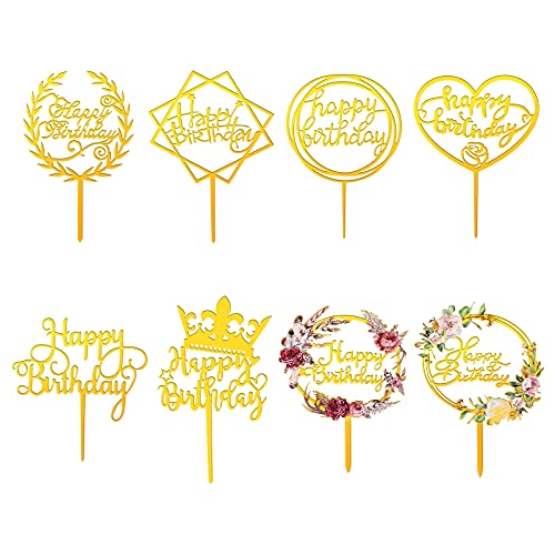 LEMESO 8 Stück Acryl Cake Topper Set Geburtstag Tortendeko Kuchen Topper Happy Birthday Cake Topper Cupcake Tortenstecker für Geburtstag Kuchen Baby Shower Deko (Gold) von LEMESO