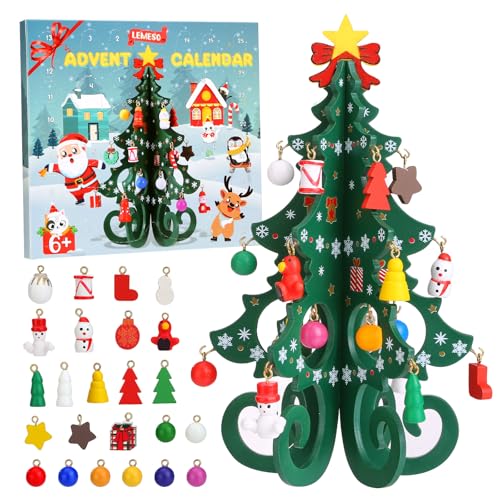 LEMESO Adventskalender 2024 Weihnachtsbaum aus Holz 24 Weihnachtskalender mit hängender Holz Tannenbaum 3D Weihnachts-Countdown Baum Weihnachtsdeko Christmas Tree DIY Geschenk für Weihnachten von LEMESO