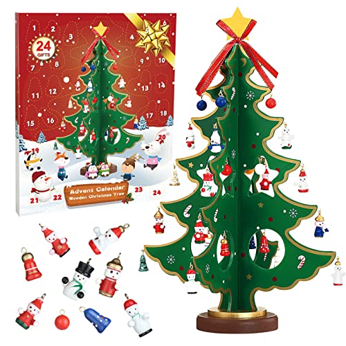 LEMESO Adventskalender Mini Weihnachtsbaum aus Holz Adventskalender Holz Tannenbaum 3D Weihnachtsbaum mit 24 hängender Dekoration Holz Christmas Tree DIY Spielzeug Geschenk für Kinder Weihnachten von LEMESO