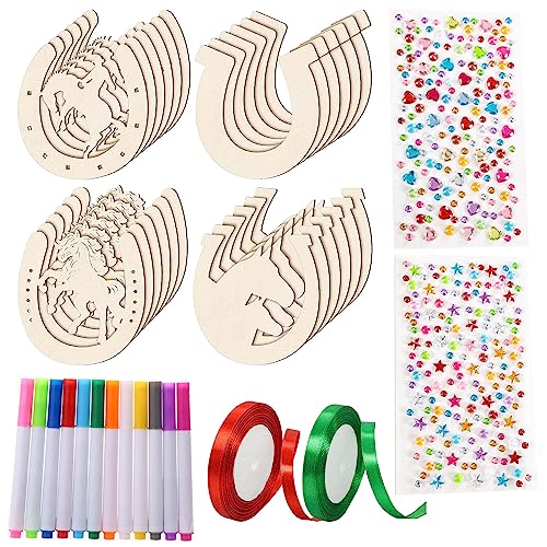 24 Pcs hufeisen kindergeburtstag, Hufeisen Holz mit Pferd Konfetti/Aquarellstift/Glitzersteine/Glitzerbändern/Tattoo Stickers, Mitgebsel Pferdegeburtstag, Holzpferd Zubehör für DIY Dekoration, 4 Stile von LEMONSTONE