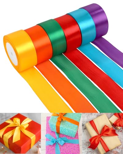 LENSARKU Regenbogen-Satinbänder für Bastelarbeiten, buntes Band zum Verpacken von Geschenken, farbige Bänder für Blumenstrauß, Dekoration, Karneval, Hochzeit, Partyzubehör (22,7 m, 3,8 cm breit), 6 von LENSARKU