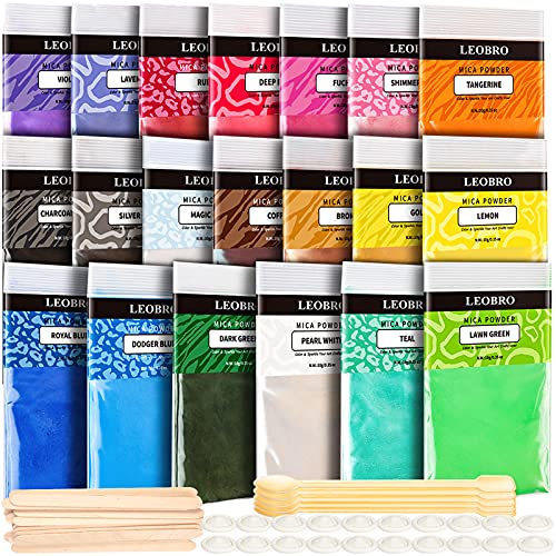 LEOBRO Epoxidharz Farbe 20 Farben, Mica Pulver 200G Metallic Pigmentmit, löffel, Rührstäbchen und Fingerschutz, Mica Powder, Epoxy Resin Farbe für Epoxidharz, Seife, Gießharz, Badebombe, DIY von LEOBRO