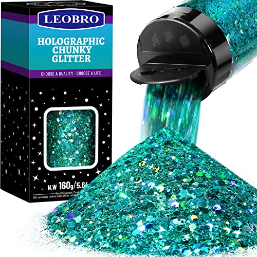 LEOBRO Holografischer klobiger Glitzer, 160 g, Bastelglitzer für Harz, Festival, Kosmetik, Chunck, Glitzerflocken, Pailletten, Pfauenblau, klobiger Glitzer für Körper, Gesicht, Handwerk usw von LEOBRO