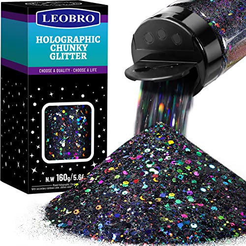 LEOBRO Schwarzer Glitzer, holografischer klobiger Glitzer, 160 g, Bastelglitzer für Harz, metallisch schillernd, klobig, feine Glitzer-Paillettenflocken, Nagelglitzer für Make-up-Körper, Epoxidbecher von LEOBRO