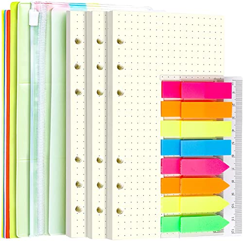 LEOBRO A6 papier, 6 Löcher A6 Nachfüllpapier Gepunktet 135 Blätter, mit Register, 320 Stück Haftstreifen, 2 PCS Binder Taschen, A6 Ringbuch Nachfüllpapier für Personal Organizer, Loseblatt Notizbuch von LEOBRO