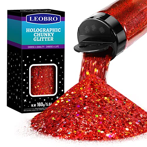 LEOBRO Holographischer Roter Glitzer Chunky Glitzer 160G/5.64OZ Holographischer Glitzer, Harz Glitter Pulver Pailletten Flocken Weihnachtsglitter von LEOBRO