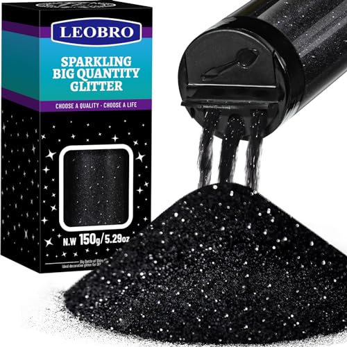 LEOBRO Schwarzer Glitzer 150g Glitzer-Pulver zum Basteln Schwarzer feiner Glitzer, Glitter für Bastelarbeiten, Schwarzes Glitzerpulver Halloween Glitter, Extra feiner Glitter für Harzbecher DIY von LEOBRO