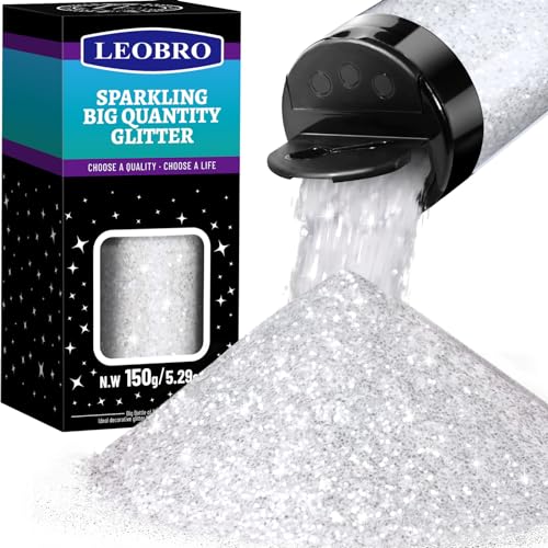 LEOBRO Weiß Glitter, Glitter, 150G Weihnachten Glitter für Kunsthandwerk, klarer Glitter, Festival Schnee Craft Glitter Flakes Sparkles Glitter für Kunsthandwerk Tumbler Weihnachten Dekor, 1/24" von LEOBRO