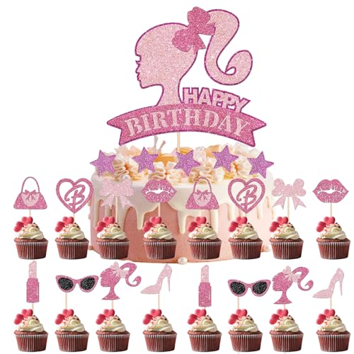 27 Stück Barbi Tortendeko Mädchen,Barbie Kuchen Deko,Barbie Torte,Barbie Geburtstag Deko Set,Rosa Mädchen Kuchendeko,Glitzer Deko Geburtstag,für Mädchen Geburtstag Party Kuchen Dekoration Supplies von LEOEASIY