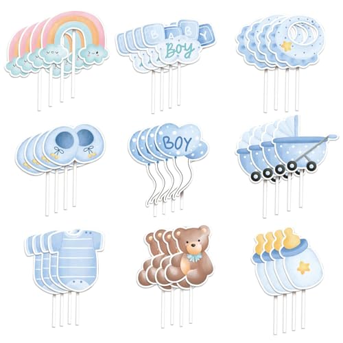 36 Stück Babyparty Tortendeko Taufe Junge, Baby Boy Cupcake Toppers, Baby Shower Tortendeko Babyparty, Gender Reveal Deko Baby Party Cupcake Deko, Muffin Deko Blau für Taufe Deko, Baby Shower von LEOEASIY