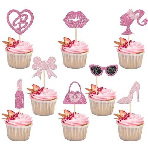 LEOEASIY 24 Stücke Barbie Tortendeko Tortendeko Prinzessin Rosa Mädchen Cupcake Toppers mit High Heels Lippenstift Fliege für Hochzeit Brautparty Babyparty Geburtstag Party von LEOEASIY