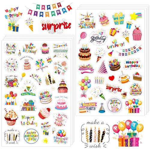 LEOEASIY 8 Bögen Sticker Geburtstag,Aufkleber Geburtstag,Kinder Sticker,Happy Birthday Sticker,Geburtstagsaufkleber Aufkleber für Gästebuch Party Dekoration, DIY Karten, Fotoalbum,Geburtstagskarten von LEOEASIY