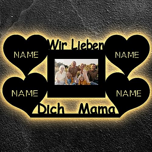 LEON FOLIEN Muttertags Geschenk Wir lieben dich Mama Led mit Bilderrahmen Nachtlicht, Herz Herzchen personalisiert mit Wunschtext Lasergravur Geschenk für Mutter MDF HOLZ von LEON FOLIEN