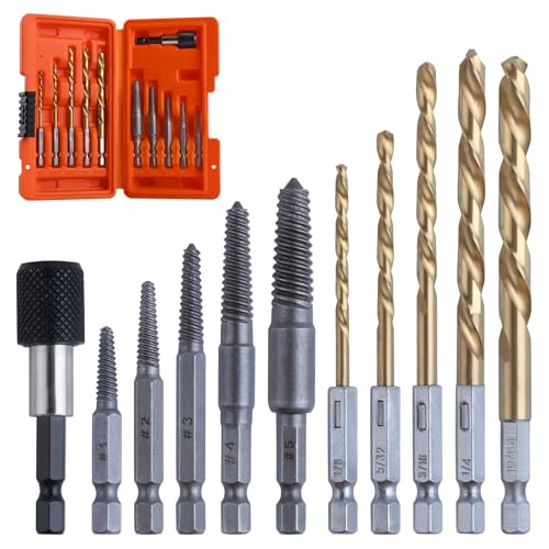 LEONTOOL 11-teiliges Easy Out Schraubenausdreher-Set, Titanbeschichtung Linksbohrer und Bolzenausdreher-Kit mit 1/4" Adapter für verrostete, abgerundete, beschädigte Mutternschrauben von LEONTOOL