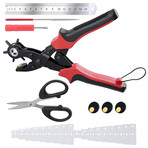 LEONTOOL 9 Stücke revolvierende Stanzzange Kit Leder Locher Werkzeug Set 6 Mehrlochgrößen Hochleistungs-Rotationslocher für Gürtel, Schlüsselanhänger, Uhrenarmbänder, Gurte, Hundehalsbänder von LEONTOOL