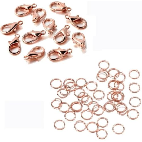 200-teiliges Ring- und 100-teiliges Verschluss-Set, offene Biegeringe für Armband- und Halskettenverbinder, Schmuckherstellung, DIY-Set, Großhandel, Roségold-Set, 12-mm-Verschluss, 5-mm-Ring von LEPIZ