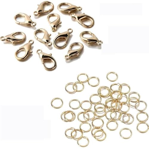 200-teiliges Ring- und 100-teiliges Verschluss-Set mit Karabinerverschluss, offene Biegeringe für Armband- und Halskettenverbinder, Schmuckherstellung, DIY-Set, Großhandels-KC-Gold-Set, 10 mm Versch von LEPIZ