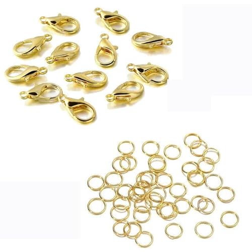 200-teiliges Ring- und 100-teiliges Verschluss-Set mit Karabinerverschluss, offene Biegeringe für Armband- und Halskettenverbinder, Schmuckherstellung, DIY-Set, Großhandelsset, Gold, 10 mm Verschlus von LEPIZ