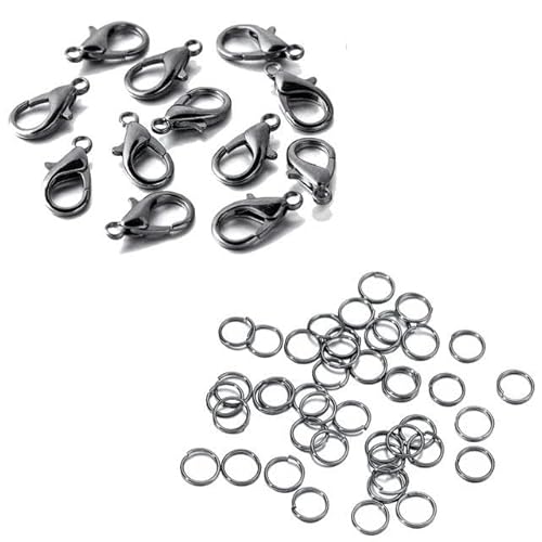 200-teiliges Ring- und 100-teiliges Verschluss-Set mit Karabinerverschluss, offene Biegeringe für Armband- und Halskettenverbinder, Schmuckherstellung, DIY-Set, Großhandelsset, Gunblack, 10 mm Vers von LEPIZ