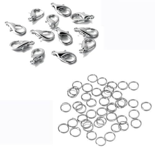 200-teiliges Ring- und 100-teiliges Verschluss-Set mit Karabinerverschluss, offene Biegeringe für Armband- und Halskettenverbinder, Schmuckherstellung, DIY-Set, Großhandelsset, Rhodium-Set, 10 mm Ve von LEPIZ