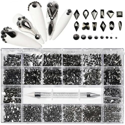 Mine Black Fancy Crystal Nail Strasssteine, luxuriöse Nagelteile, Edelsteine, 3D-Diamanten in Flatback-Form, Glas-Nagelkunst-Dekorationen, schwarz, 2800 Stück von LEPIZ