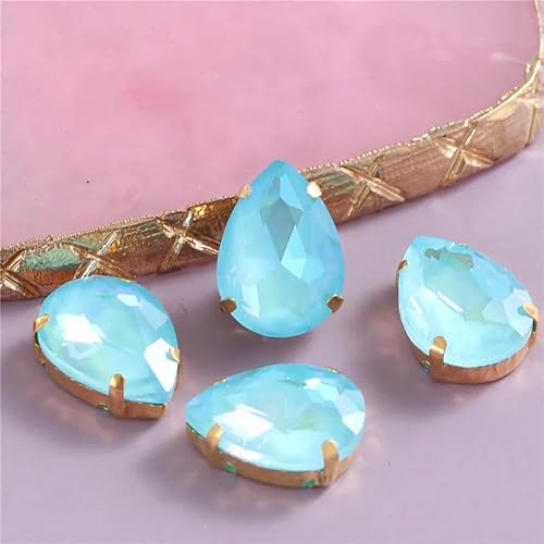 Neue Strasssteine aus Glas in Tropfenform zum Aufnähen mit goldenen Krallen, Glitzerkristallen, Steinen zum Aufnähen von Kleidung und Schuhen, DIY, 10 x 14 mm, 13 x 18 mm, Aquamarin AB MK, von LEPIZ