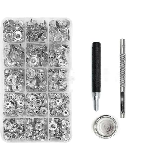 25 Sets Metall-Druckknöpfe, Druckknöpfe mit 4 Montagewerkzeugen für Kleidung, Kleidersäcke, Schuhe, Lederhandwerk, Silber-Set B-15 mm (201) von LEQIJK