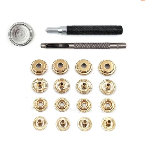 25er Set 201/203 Druckknöpfe Metalldruckknöpfe Optionale Installationswerkzeuge für Stoff, Kleidersäcke, Schuhe, Lederhandwerk, Gold mit Werkzeug B-15 mm (201) von LEQIJK