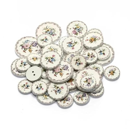 50 Stück 15/20/25 mm weiße Blume bemalt 2 Löcher runder Holzknopf für Kleidungsdekoration Scrapbooking DIY Heimnähzubehör-15 mm von LEQIJK