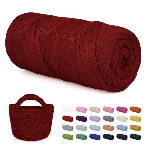 LEREATI 200g Textilgarn zum Häkeln für Körbe, Tshirt Garn zum Häkeln, Dickes Bändchengarn Ribbon T Shirt Yarn, Häkelgarn für Taschen, Häkeltaschen, Decken, Heimdekoration (Dunkelrot) von LEREATI