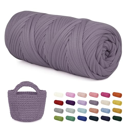 LEREATI 200g Textilgarn zum Häkeln für Körbe, Tshirt Garn zum Häkeln, Dickes Bändchengarn Ribbon T Shirt Yarn, Häkelgarn für Taschen, Häkeltaschen, Decken, Heimdekoration (Grau Violett) von LEREATI