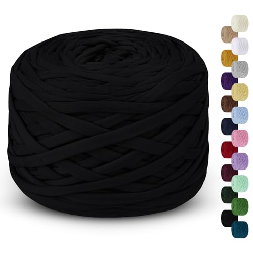 LEREATI 285g T-Shirt Garn, Textilgarn zum Häkeln für Körbe Bändchengarn Polyester Rope Garn zum Häkeln, T Shirt Garn zum Häkeln Häkelkorb Taschen Teppiche Wandbehang Makramee (Schwarz) von LEREATI