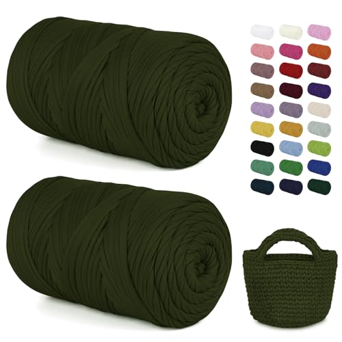 LEREATI 2x400g Textilgarn zum Häkeln für Körbe, Tshirt Garn zum Häkeln, Dickes Bändchengarn Ribbon T Shirt Yarn, Häkelgarn für Taschen, Häkeltaschen, Decken, Heimdekoration (Armeegrün) von LEREATI