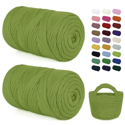 LEREATI 2x400g Textilgarn zum Häkeln für Körbe, Tshirt Garn zum Häkeln, Dickes Bändchengarn Ribbon T Shirt Yarn, Häkelgarn für Taschen, Häkeltaschen, Decken, Heimdekoration (Avocadogrün) von LEREATI