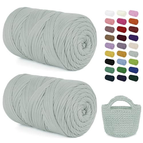 LEREATI 2x400g Textilgarn zum Häkeln für Körbe, Tshirt Garn zum Häkeln, Dickes Bändchengarn Ribbon T Shirt Yarn, Häkelgarn für Taschen, Häkeltaschen, Decken, Heimdekoration (Bohne Grün) von LEREATI