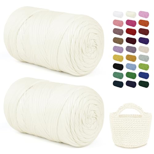 LEREATI 2x400g Textilgarn zum Häkeln für Körbe, Tshirt Garn zum Häkeln, Dickes Bändchengarn Ribbon T Shirt Yarn, Häkelgarn für Taschen, Häkeltaschen, Decken, Heimdekoration (Creme-Weiß) von LEREATI