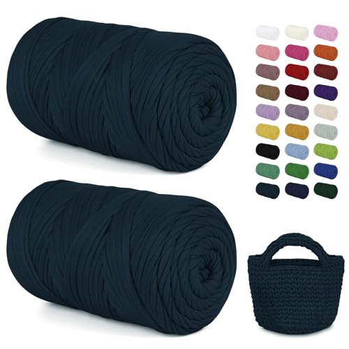 LEREATI 2x400g Textilgarn zum Häkeln für Körbe, Tshirt Garn zum Häkeln, Dickes Bändchengarn Ribbon T Shirt Yarn, Häkelgarn für Taschen, Häkeltaschen, Decken, Heimdekoration (Denim Blau) von LEREATI