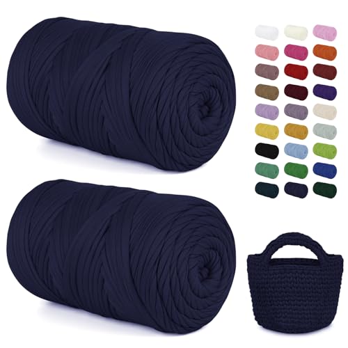 LEREATI 2x400g Textilgarn zum Häkeln für Körbe, Tshirt Garn zum Häkeln, Dickes Bändchengarn Ribbon T Shirt Yarn, Häkelgarn für Taschen, Häkeltaschen, Decken, Heimdekoration (Dunkelblau) von LEREATI