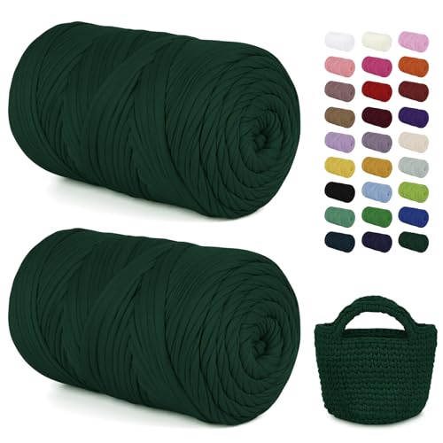 LEREATI 2x400g Textilgarn zum Häkeln für Körbe, Tshirt Garn zum Häkeln, Dickes Bändchengarn Ribbon T Shirt Yarn, Häkelgarn für Taschen, Häkeltaschen, Decken, Heimdekoration (Dunkelgrün) von LEREATI