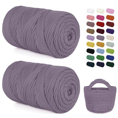 LEREATI 2x400g Textilgarn zum Häkeln für Körbe, Tshirt Garn zum Häkeln, Dickes Bändchengarn Ribbon T Shirt Yarn, Häkelgarn für Taschen, Häkeltaschen, Decken, Heimdekoration (Grau Violett) von LEREATI