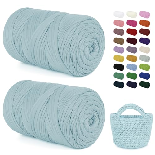 LEREATI 2x400g Textilgarn zum Häkeln für Körbe, Tshirt Garn zum Häkeln, Dickes Bändchengarn Ribbon T Shirt Yarn, Häkelgarn für Taschen, Häkeltaschen, Decken, Heimdekoration (Hellblau) von LEREATI