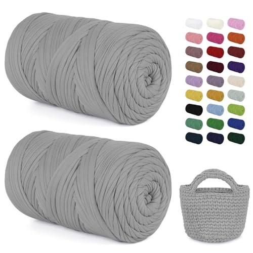 LEREATI 2x400g Textilgarn zum Häkeln für Körbe, Tshirt Garn zum Häkeln, Dickes Bändchengarn Ribbon T Shirt Yarn, Häkelgarn für Taschen, Häkeltaschen, Decken, Heimdekoration (Hellgrau) von LEREATI