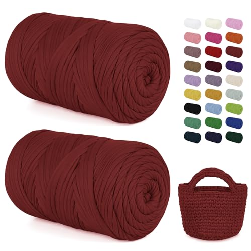 LEREATI 2x400g Textilgarn zum Häkeln für Körbe, Tshirt Garn zum Häkeln, Dickes Bändchengarn Ribbon T Shirt Yarn, Häkelgarn für Taschen, Häkeltaschen, Decken, Heimdekoration (Korallenrot) von LEREATI