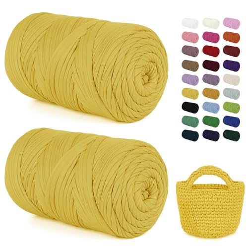 LEREATI 2x400g Textilgarn zum Häkeln für Körbe, Tshirt Garn zum Häkeln, Dickes Bändchengarn Ribbon T Shirt Yarn, Häkelgarn für Taschen, Häkeltaschen, Decken, Heimdekoration (Leuchtendes Gelb) von LEREATI