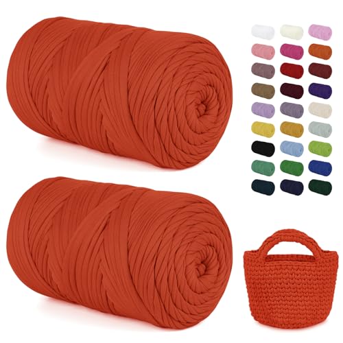 LEREATI 2x400g Textilgarn zum Häkeln für Körbe, Tshirt Garn zum Häkeln, Dickes Bändchengarn Ribbon T Shirt Yarn, Häkelgarn für Taschen, Häkeltaschen, Decken, Heimdekoration (Orangerot) von LEREATI