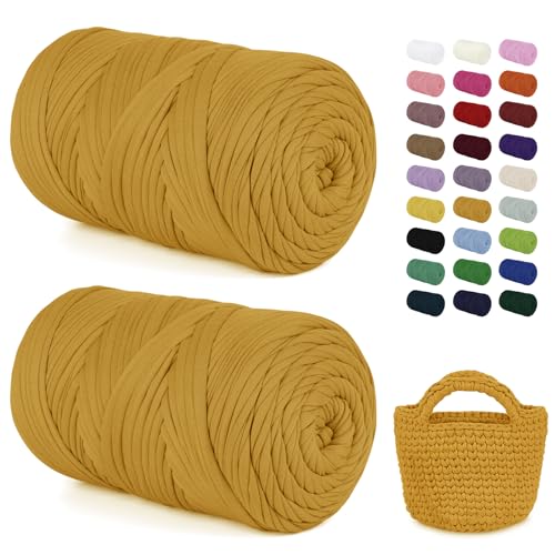 LEREATI 2x400g Textilgarn zum Häkeln für Körbe, Tshirt Garn zum Häkeln, Dickes Bändchengarn Ribbon T Shirt Yarn, Häkelgarn für Taschen, Häkeltaschen, Decken, Heimdekoration (Rebengelb) von LEREATI