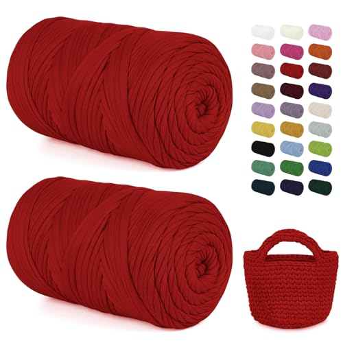 LEREATI 2x400g Textilgarn zum Häkeln für Körbe, Tshirt Garn zum Häkeln, Dickes Bändchengarn Ribbon T Shirt Yarn, Häkelgarn für Taschen, Häkeltaschen, Decken, Heimdekoration (Rot) von LEREATI